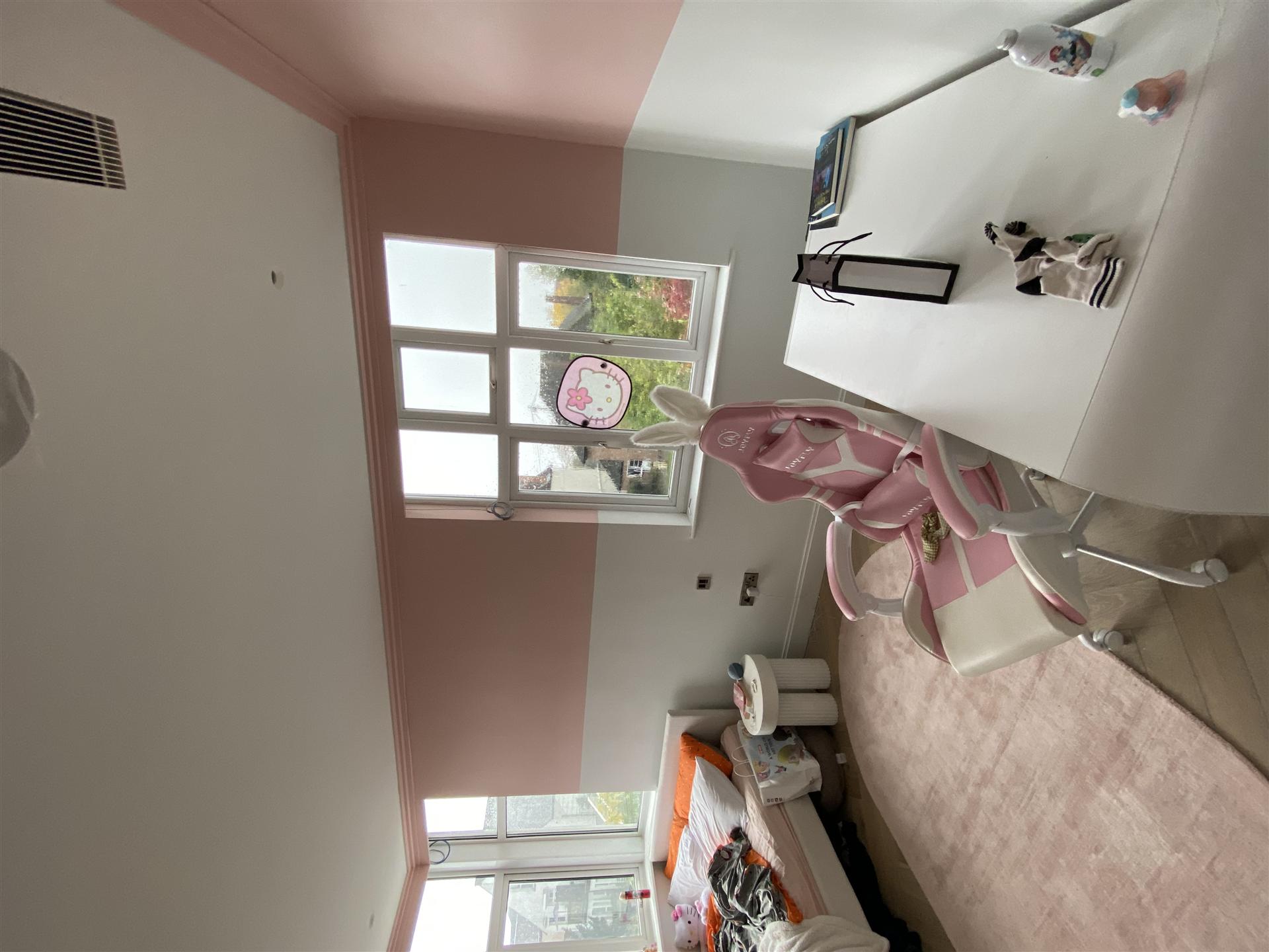 Pink and grey two-tone bedroom with colour blocking, Essex